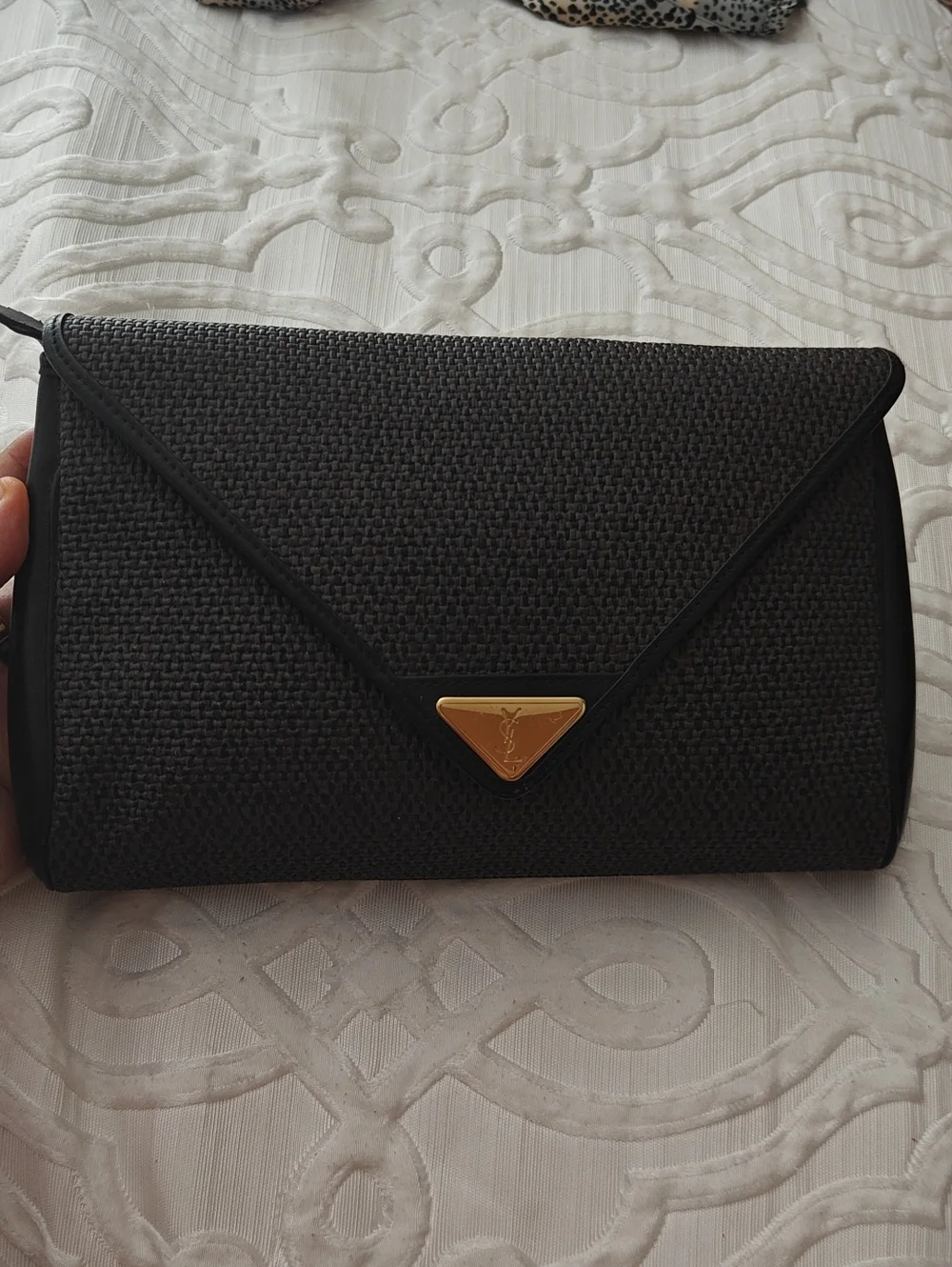 Vintage YSL Black Woven Envelope Clutch with Gold Triangle Logo